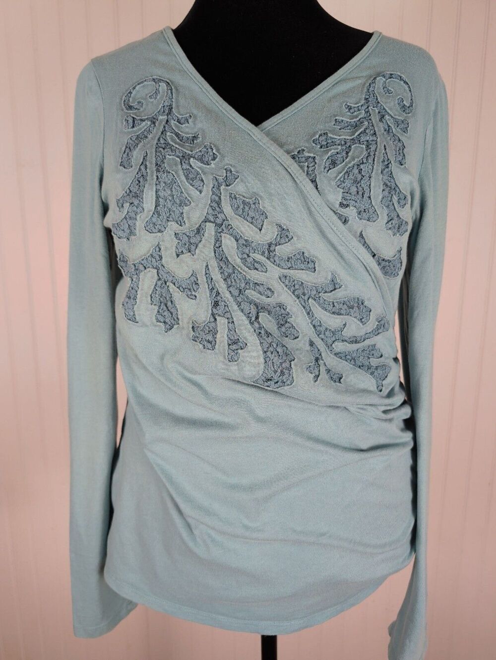 Sundance Faux Wrap Long Sleeve Top Slate Blue Lace Detail Soft BohoChic Medium